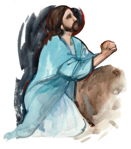 Håndtegnet akvarelillustration af Jesus som lider i Getsemane have.