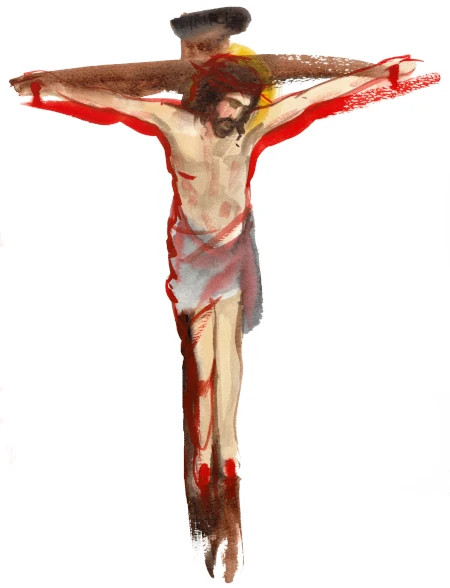 Håndtegnet akvarelillustration af Jesus på korset.