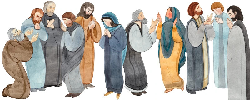 Håndtegnet akvarelillustration af bedende mennesker, apostle i bøn, taksigelse til Herren.
